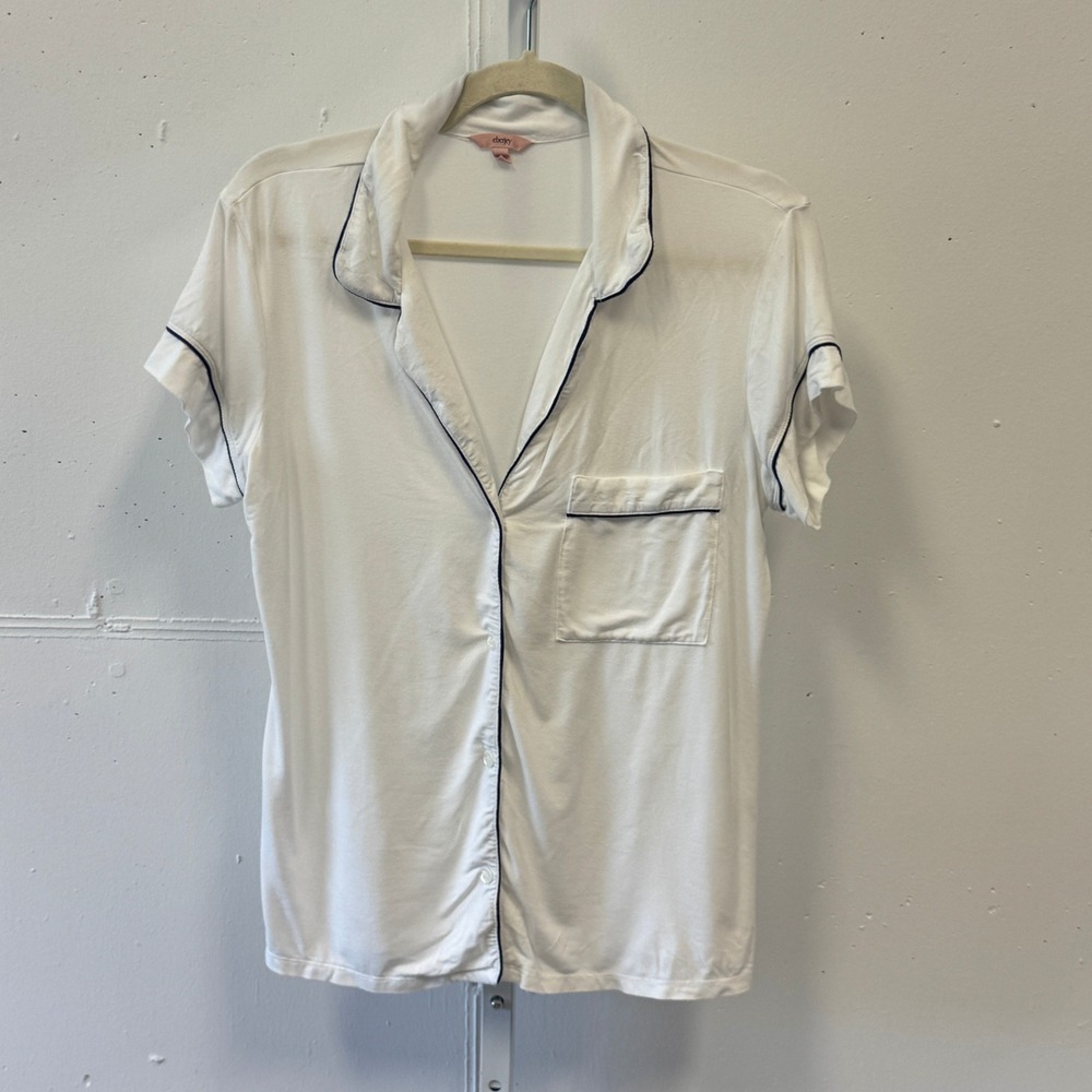 Eberjey Gisele Short Sleeve Pajama Top White Navy Piping Modal Size Medium